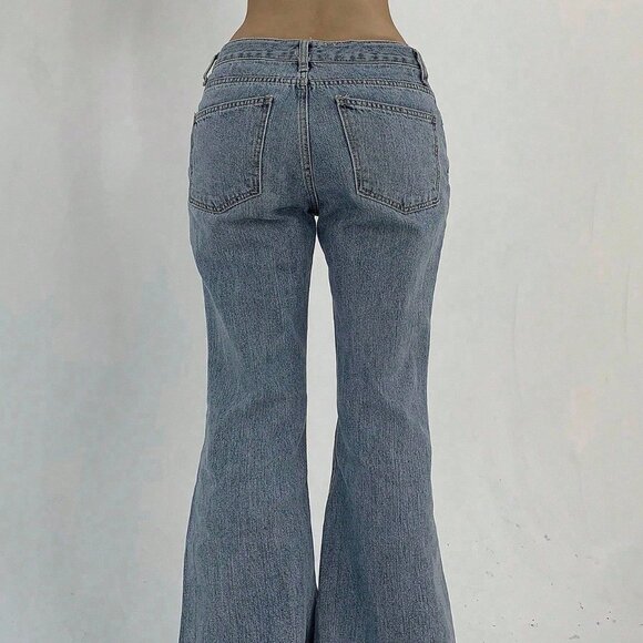 Blue Casual Women's Pocketed Denim Flared Pants - Picture 4 of 5